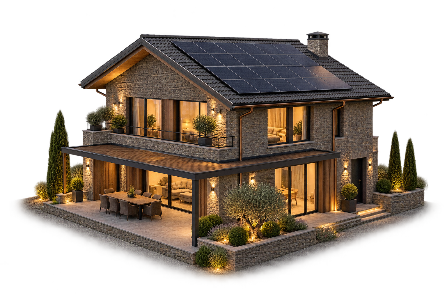 Render 3D di una casa con pannelli fotovoltaici sul tetto